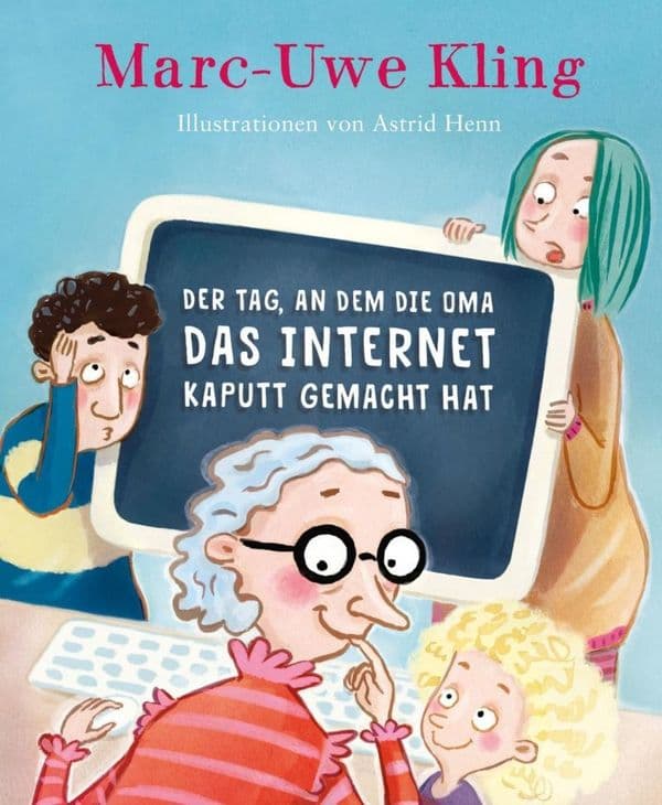 Zeichnung von einer alten Frau, die in einen Computer schaut, drum herum ihre Enkel