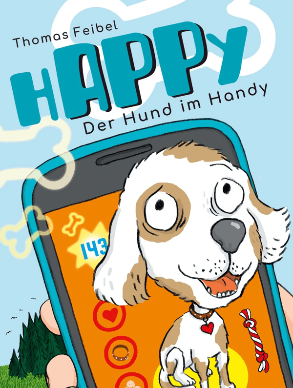 Comic-Zeichnung von einem Hund der aus einem Handy herausschaut