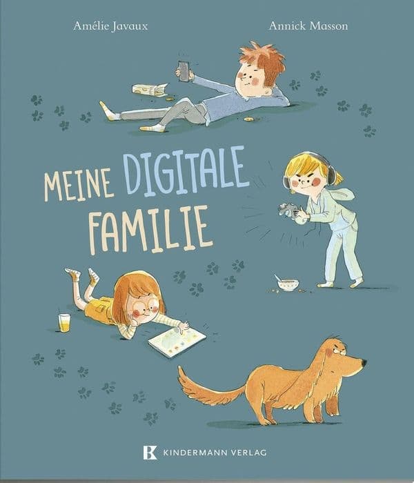 Eine Illustration einer Familie am Videospiel, Tablet und Smartphone.